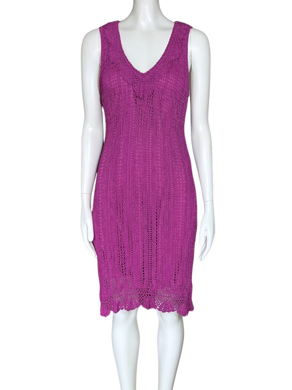 Vintage 90s Y2K Magenta Crochet Midi Dress. M/L. Boho Festival Cottagecore